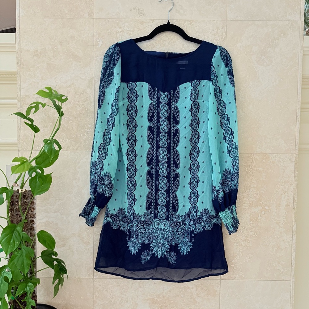 Xhilaration Blue Boho Paisley Dress Sheer Sleeve Smocked Cuff Shift XS